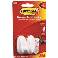 Command Designer Hooks, 1/4" Opening, 1 lb Capacity, 2 Hooks, Plastic, White