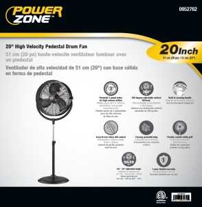 PowerZone 20" Pedestal Fan with Metal Blades, 120V, 1.25A, Black (FES50-T2)