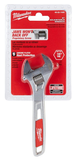 Milwaukee Adjustable Wrench, 6 in OAL, 15/16 in Jaw, Chrome, Ergonomic Handle (48-22-7406)