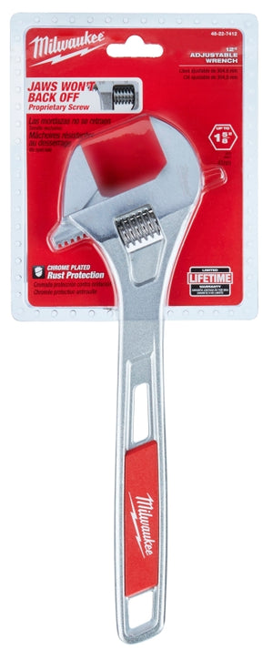 Milwaukee Adjustable Wrench, 12 In OAL, 1-5/8 In Jaw, Steel, Chrome, Ergonomic Handle (48-22-7412)