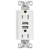 Eaton TR7765W-KB-L Series USB Combination Receptacle, White, 2-Pole, 15A at 125VAC, 3.6A at 5VDC