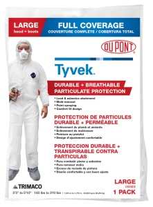 Trimaco COLORmaxx Protective Coveralls With Hood And Boots, Large, Zipper Closure, Tyvek, White