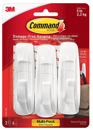 Command Utility Hook, 7/8 in Opening, 5 lb, 3-Hook, Plastic, White (17003-VP-3PK)