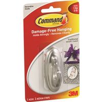Command Decorative Hook, 3.125" L x 1.25" W x 1.5" H, 3 lb Capacity, Plastic, Silver (17051BN)