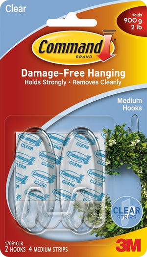 Command Adhesive Hook, 2 lb, 2-Hook, Clear (17091CLR)