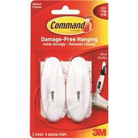 Command Wire Hook, 0.3 in Opening, 3 lb Capacity, 2 Hooks, Metal/Plastic, White