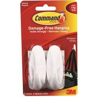 Command Medium Designer Hook, 3-1/8" L x 1-1/8" W x 1-1/8" H, 2 Hooks, 2 Pack