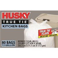 Husky HK13WC080W Kitchen Trash Bag, 13 Gal, White, Poly, Flap Tie, 0.69 Mil THK