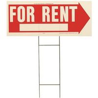 Hy-Ko Rectangular Lawn Sign, "For Rent," White Legend on Red Background, 9.5 in W x 24 in H