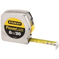 STANLEY 33-428L Powerlock Tape Measure, 26 ft L Blade, 1 in W Blade, Steel Blade, Chrome Case