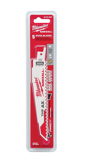 Milwaukee THE AX SAWZALL 48-00-5021 Reciprocating Saw Blade, 1 in W, 6 in L, 5 TPI, Bi-Metal Cutting Edge