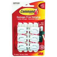 Command Adhesive Hooks, 0.5 lb, 18 Hooks, Plastic, White (17006-VP)