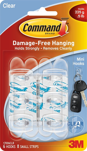 Command Adhesive Hook, 0.5 lb, 6-Hook, Plastic, Transparent (17006CLR)