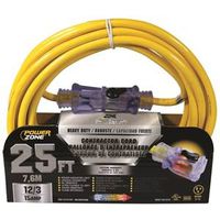PowerZone ORP511825 Contractor Cord, 12 AWG, 25 ft, 15 A, 125 V, Yellow 25' 12/3 Out EXT Cord