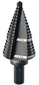 Milwaukee Step Drill Bit, 7/8" to 1-1/8" Dia, 2-61/64" OAL, 2-Flute, 3/8" Shank, Flat Shank