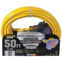 PowerZone ORP611830 Contractor Cord, 12 AWG Cable, 50 ft L, 15 A, 125 V, Yellow Cord