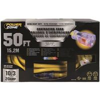 PowerZone ORP711930 Contractor Cord, 10 AWG Cable, 50 ft, 20 A, 125 V, Yellow