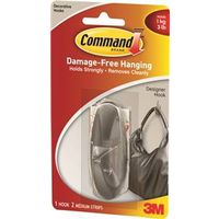 Command 17081-BN Designer Hook, 3 lb Capacity, 1 Hook, Plastic, Brushed Nickel