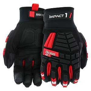 Boss Impact1 B52354-XL Work Gloves, Men's, XL, 8-3/8 to 8-3/4 in L, Reinforced Thumb, Hook and Loop, Slip-On Cuff, Black