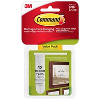 Command Medium Picture Hanging Strips, 3/4" W x 2-3/4" L, Foam Backing, White, 3 lb (17204-12ES)