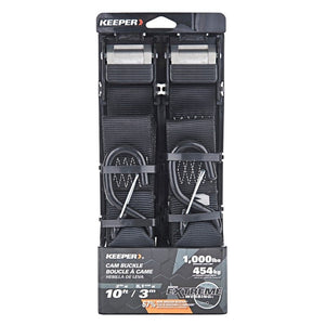 Keeper 47309 Tie-Down Cam Buckle Strap with S-Hooks, 2 in W, 10 ft L, 2PK, Black