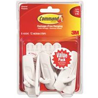 Command Utility Hooks, 7/8" Opening, 3 lb Capacity, 6-Pack, Plastic, White