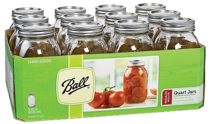 Ball 62000 Mason Jar, Regular Mouth, 1 Qt, Glass, 12 Pack