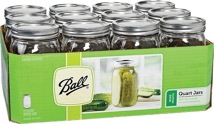 Ball 67000 Mason Jar, 32 oz Capacity, Glass, Metal Silver Cap/Lid 12PKW/M QT Mas Jar
