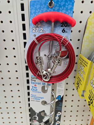 Boss Pet PDQ 01316 Tie-Out/Spiral Stake Combo, 20 ft L Belt/Cable, Steel, For: Large dogs up to 60 lb