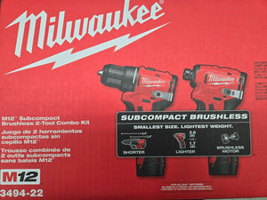 Milwaukee M12 3494-22 Subcompact Combo Kit, 12V, Lithium-Ion, Battery Included
