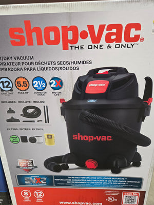 Shop-Vac 8251205 Wet/Dry Vacuum, 12 Gal, 140 CFM Air, Cartridge, Disposable Filter, 5.5 HP