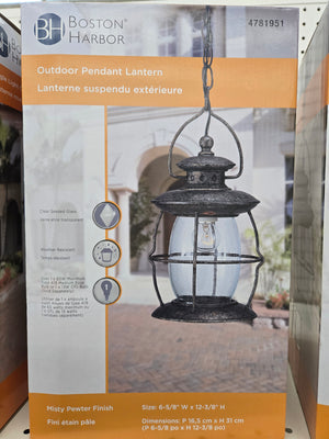 Boston Harbor BRT-CDC1701 Outdoor Pendant Lantern, 120V, 60W, Misty Pewter Fixture