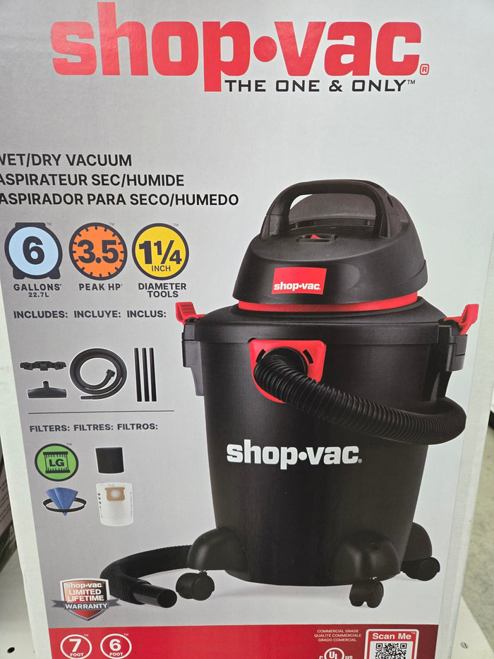 Shop-Vac 5985005 Wet/Dry Vacuum, 6 Gal, 3.5 HP, Black Housing, Cartridge, Foam Sleeve Filter