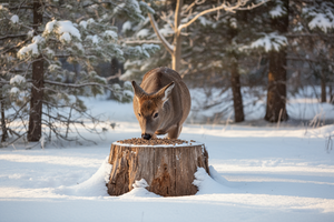 show a deer in snowy woods eating feed pellets off of a tree stump
