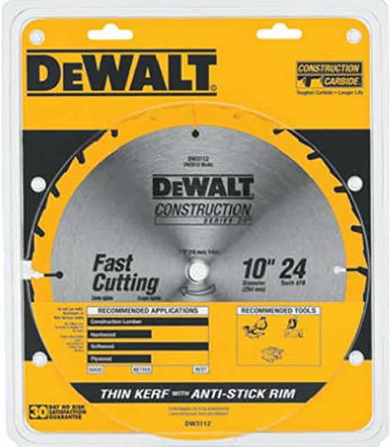 DeWalt 10" 24 Tooth Table Saw Blade, ATB, Thin Kerf, 5/8" Arbor (DW3112)