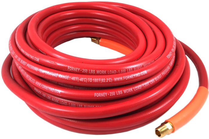 Forney 1/4"x50' RED Rubber Air Hose, Male NPT Fittings on Both Ends